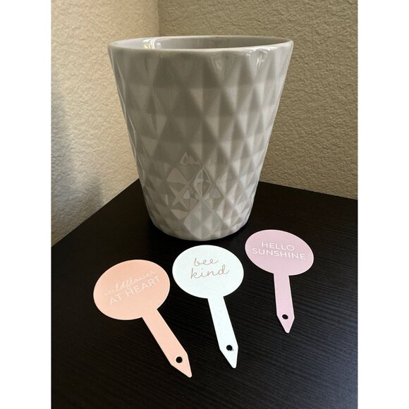 Small Gray Planter Pot + 3 Metal Plant Stakes Succulent / Cactus Indoor - Picture 2 of 7